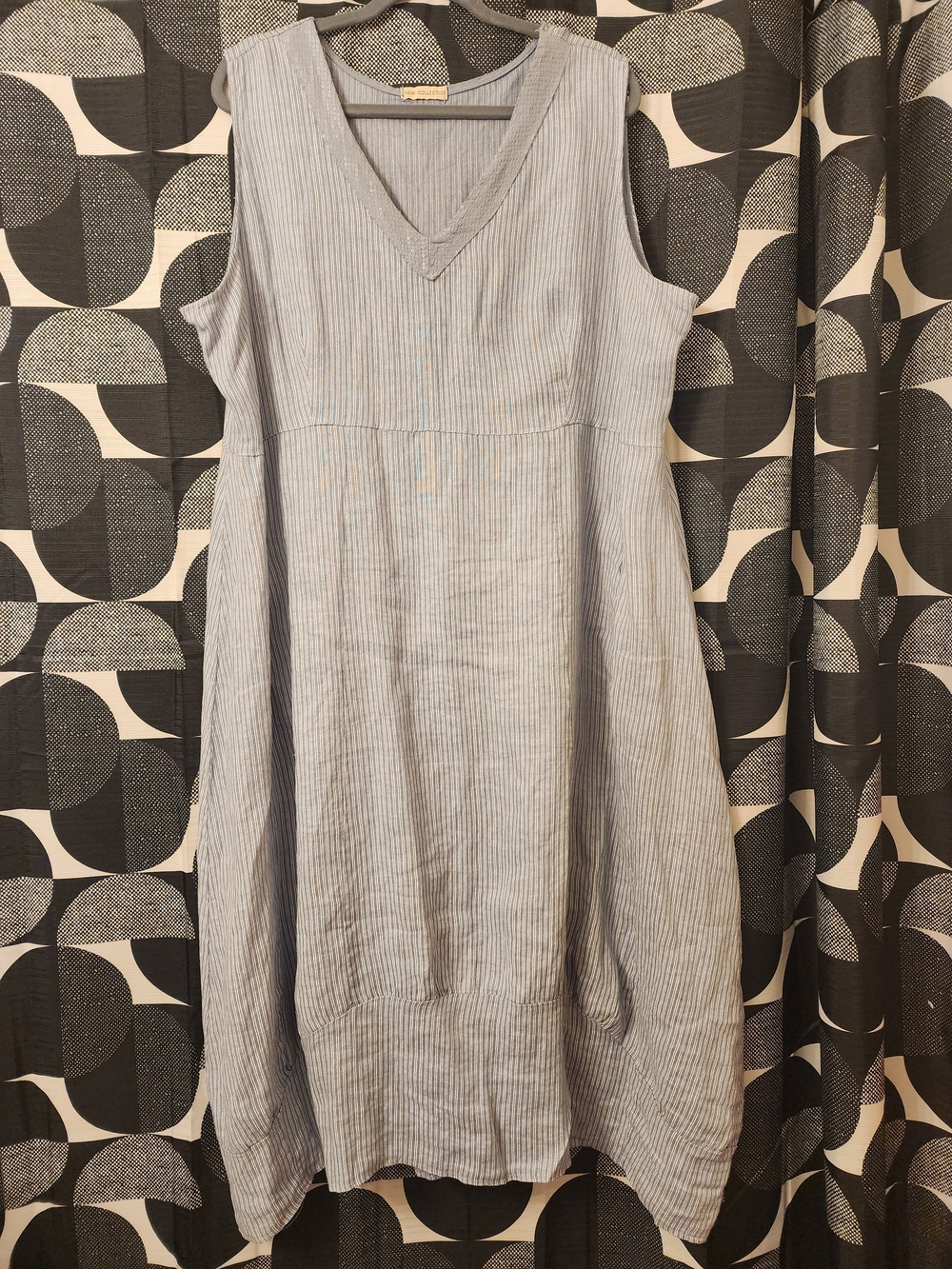 New Collection Sequened V-Neck Light Blue Striped Linen Dress Made In Italy